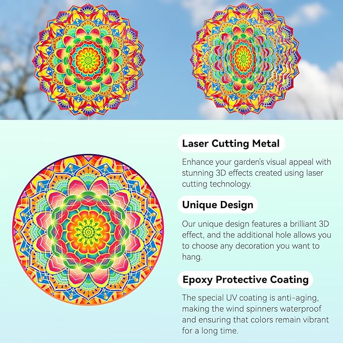 Wind Spinners,12 inch Multi Color Mandala with 360° Swivel Hook for Yard and Garden, Bird Wind Catcher, Metal Wind Spinners Outdoor for Lawn Hanging Crafts Decor Kinetic Yard Art Ornament Gifts