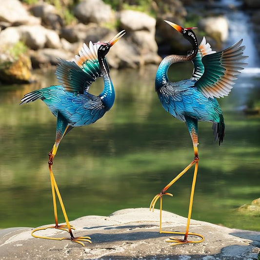 Garden Statues Large Metal Crane Sculptures, Outdoor Heron Metal Statue Yard Art for Garden Decor, Realistic Bird Art for Outdoor Decor, Standing Lifelike, Water&Rust-Proof, Set of 2 Sky Blue