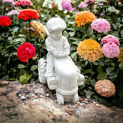 Concrete Young Child on a Tractor Figure Massive Boy on Tractor Statue Outdoor Farm Decoration