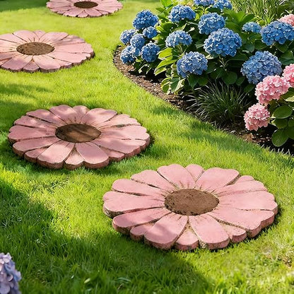 Landoraloria Cement Flower Stepping Stone 10” Daisy Garden Path Stone for Yard & Walkway Handcrafted Non-Slip Outdoor Patio Decor Weather-Resistant Cement Stone (Pink)
