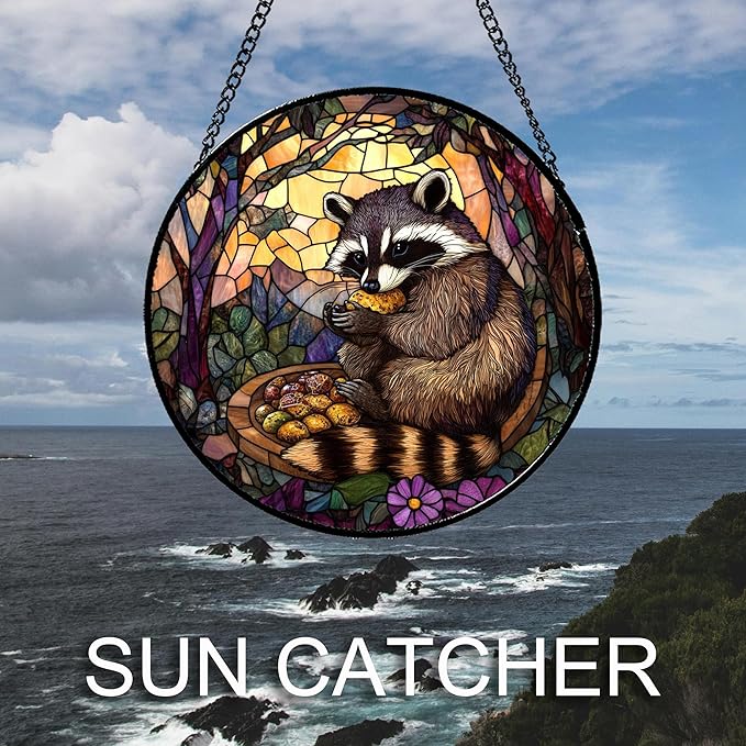 Stained Glass Window Hanging Brown Raccoon Forest Scenery Large 11.8" - Suncatcher Door Garden Sunroom Sun Catcher Home Decor Birthday Christmas for Mom Men Woman Nana