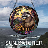 Stained Glass Window Hanging Brown Raccoon Forest Scenery 7.8" - Suncatcher Door Garden Sunroom Sun Catcher Home Decor Birthday Christmas for Mom Men Woman Nana