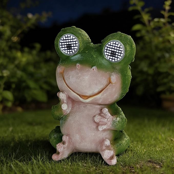 Solar Frog Garden Statue with Blinking Rotating LED Eyes, Solar Powered Auto On/Off, Waterproof Resin Outdoor Decor for Patio, Yard, Unique Gift for Women, Mom, Grandma