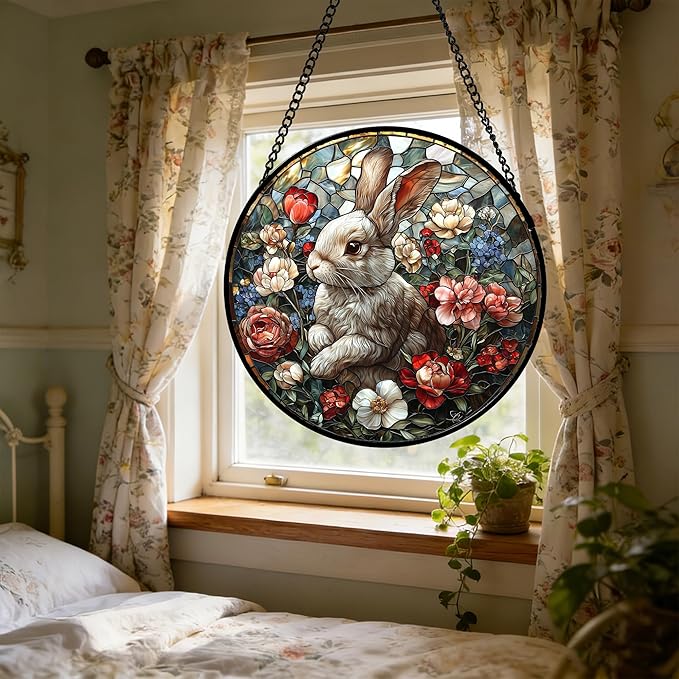 DASTOLL Stained Glass Window Hanging - Cute Rabbit Flowers Suncatcher Ready to Hang Window Doors Home Decoration, Christmas, Mother's Day Birthday Gifts for Women, Men, and Mom 6.3x6.3 in