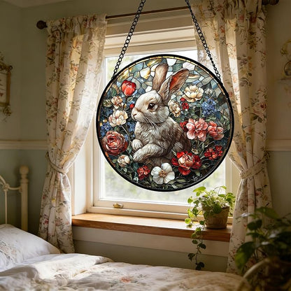 DASTOLL Stained Glass Window Hanging - Cute Rabbit Flowers Suncatcher Ready to Hang Window Doors Home Decoration, Christmas, Mother's Day Birthday Gifts for Women, Men, and Mom 6.3x6.3 in