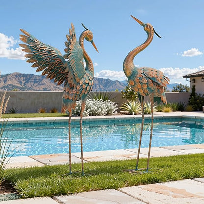 Extra-Large Metal Crane Statue, 36.8" Handcrafted Blue Heron Decor Sculptures with Stable U-Ground Stakes, Backyard Decoration, Metal Garden Bird Animal Yard Art, Lawn Ornament Decor