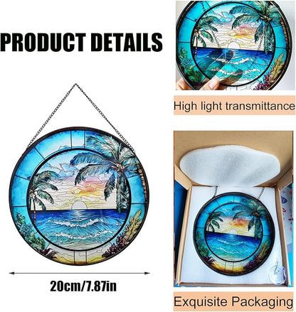 Stained Glass Window Hanging, Summer Beach Window Hanging Light Catcher, Outdoor Light Catcher Garden Decor, Tropical Kitchen Wall Decor Decorative Patios (Beach)