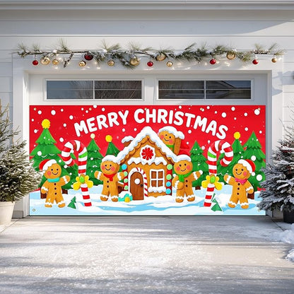 IVN Christmas Garage door banner Gingerbread House Candy Cane Characters Snowy Trees Door Cover Indoor And Outdoor Studio Background Hanging Decoration 13x6ft