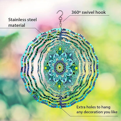 WIRESTER Hanging Wind Spinner 8 Inch, Metal 3D Wind Sculpture Ornament Decoration for Home Yard Garden Patio Balcony Indoor Outdoor - Teal Blue Green Mandala Vintage