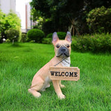 Elegant French Bulldog Dog Sculpture with Solar Lantern & Double-Sided 'On Patrol' & 'Welcome' Signposts – Premium Resin Statue for Outdoor Garden, Patio, Yard Decoration