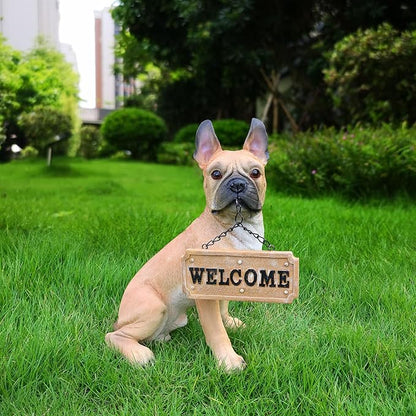 Elegant French Bulldog Dog Sculpture with Solar Lantern & Double-Sided 'On Patrol' & 'Welcome' Signposts – Premium Resin Statue for Outdoor Garden, Patio, Yard Decoration
