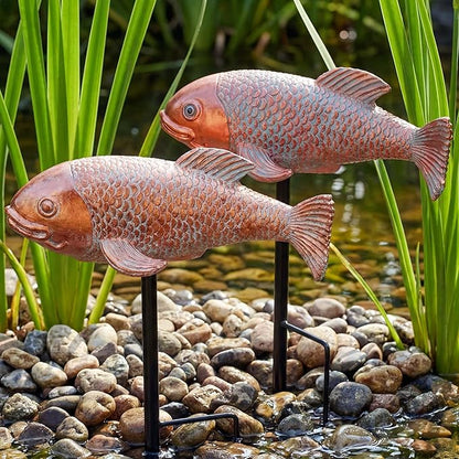 Koi Fish Decor, Set of 2 Antique Koi Garden Statues Art, Pond Accessories, Yard Pond Decor, Large Outdoor Garden Statues Ornaments, Real Fish Sculpture Art (10.8")
