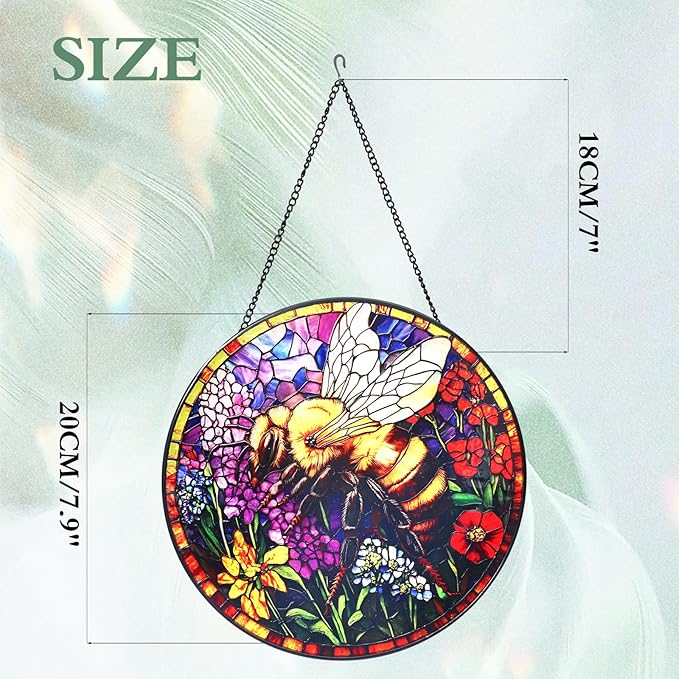 Bee and Flowers Stained Glass Window Hanging Suncatcher with Chain - 7.9" Outdoor/Indoor Art Decor for Home Garden, Wedding, Mother's, Thanksgiving, Valentine's & Christmas Ornaments Present