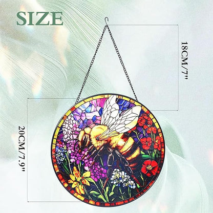 Bee and Flowers Stained Glass Window Hanging Suncatcher with Chain - 7.9" Outdoor/Indoor Art Decor for Home Garden, Wedding, Mother's, Thanksgiving, Valentine's & Christmas Ornaments Present
