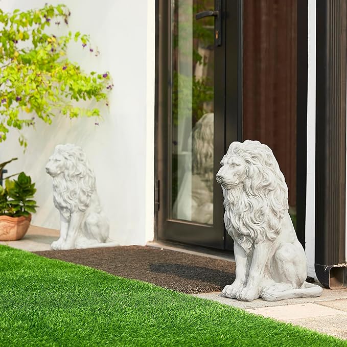 Glitzhome Guardian Sitting Lion Garden Statue MGO Outdoor Decoration, 20.75" H, White