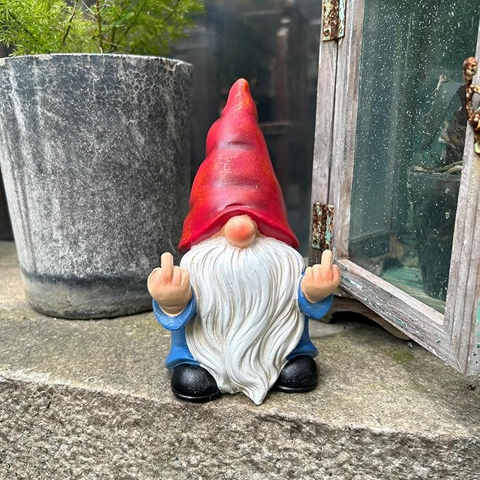 Middle Finger Gnome Statue 7.8in， Naughty Garden Gnome Statue Decoration and Lawn Ornament - Funny Garden Gnomes for Outdoor or Home Decor