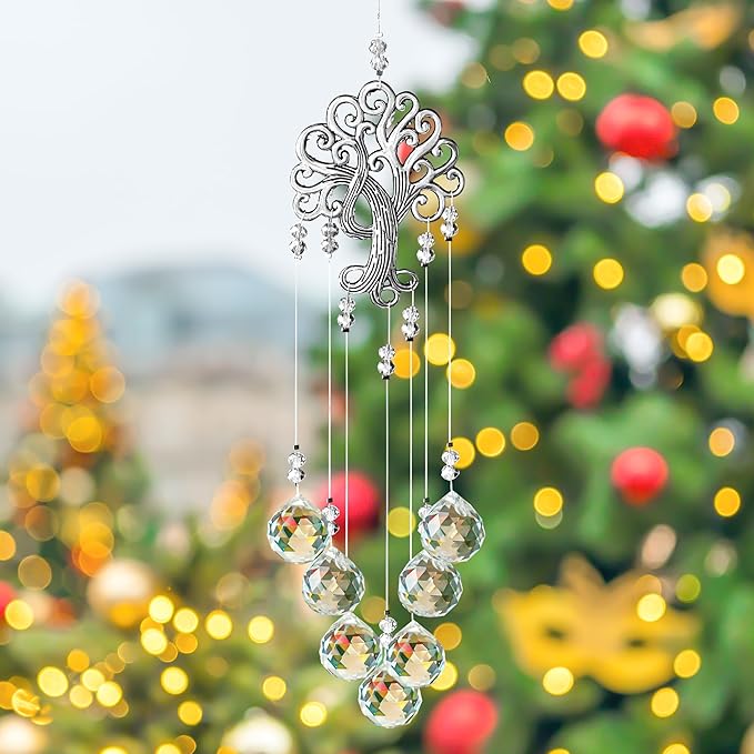 H&D HYALINE & DORA Garden Hanging Crystal Suncatchers Rainbow Makers with Crystal Ball Prisms and Metal Tree of Life for Garden Outdoor Home Kids Room Window