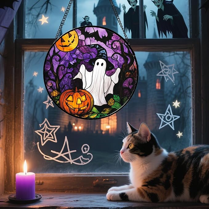 Stained Glass Window Hanging Halloween White Ghost Black Bat 15" - Suncatcher Door Garden Sunroom Horror Pumpkin Sun Catcher Birthday for Friend Mom Men Woman Nana