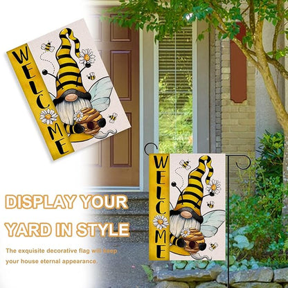 Welcome Spring Summer Bumble Bee Gnome Decorative Garden Flag, Honeycomb Daisy Flower Spring Yard Outside Decorations, Burlap Farmhouse Outdoor Small Home Decor Double Sided 12 x 18