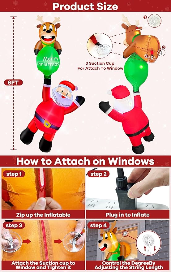 6 Ft Hanging Christmas Inflatables, Reindeer Pulling Gift with Climbing Santa Window Funny Blow Up Outdoor Christmas Decorations with Built-in LEDs Lights for Xmas Yard Lawn Home Roof Holiday Display