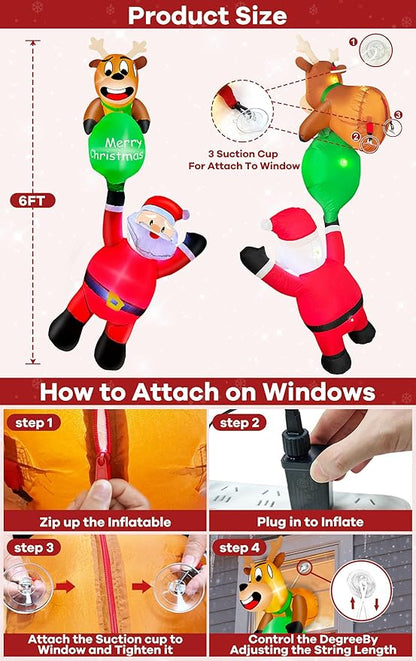 6 Ft Hanging Christmas Inflatables, Reindeer Pulling Gift with Climbing Santa Window Funny Blow Up Outdoor Christmas Decorations with Built-in LEDs Lights for Xmas Yard Lawn Home Roof Holiday Display