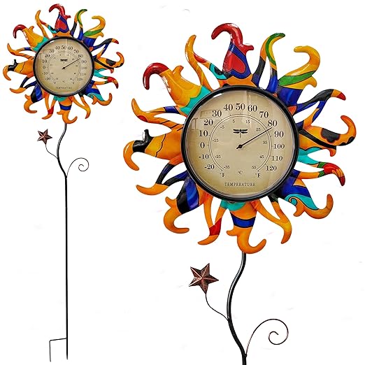 Metal Sun Thermometer Indoor Outdoor Ornament Wall Art Decor, Sun Plaque Sculpture Hanging Mounted for Living Room Bedroom Kitchen Patio for Home or Garden, No Battery Required (ORANGE SUN STAKE)