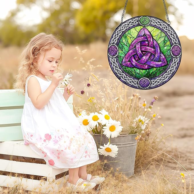 Stained Glass Window Hanging Suncatcher, 8" Round Celtic Knot Sun Catcher, Purple and Green Decorative Glass Art for Home Garden, Gift for Women Mom Gradma