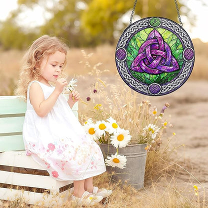 Stained Glass Window Hanging Suncatcher, 8" Round Celtic Knot Sun Catcher, Purple and Green Decorative Glass Art for Home Garden, Gift for Women Mom Gradma