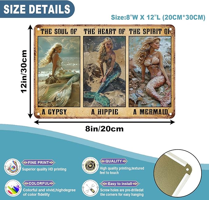 Mermaid Metal Sign The Soul of A Gypsy The Heart of A Hippie Funny Metal Tin Sign Retro Sign Kitchen Wall Poster Cafe Bar Pub Man cave 8x12 inch