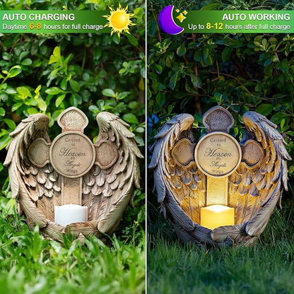 12“ Angel Wings Embracing Cross Solar Flameless LED Candles Outdoor Garden Memorial Statue for Garden Decoration Yard Art, A Touching Memorial Gift & Condolence Gifts Grave Decorations for Cemetery