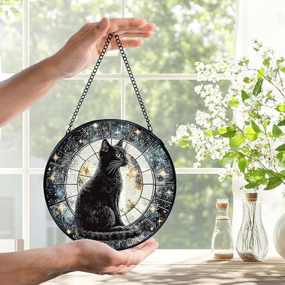 Black Cat Moon Suncatchers Stained Glass Window Hanging, Celestial Black Cat Sun Catchers Indoor Window Glass Round Wall Decor, Moon and Stars Wall Hanging Decorations, 7.9x7.9in