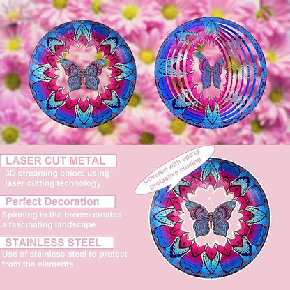 Wind Spinner Colorful Butterfly 12 inch 3D Stainless Steel Laser Cut Metal Double Sided Printing-Hanging Indoor/Outdoor Decorations Yard Gardening Decor,Metal Kinetic Art Ornament Gifts