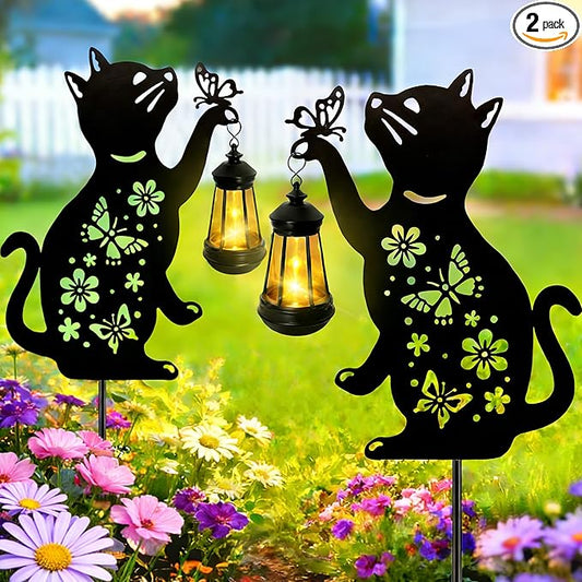 Cat Solar Lights Outdoor, 2 Pack Black Cat Hanging Lantern Waterproof, Cat Lover Gifts for Women Mom Birthday Mother's Day, Metal Garden Statue Yard Decor Patio Pathway Backyard Lawn Ornaments