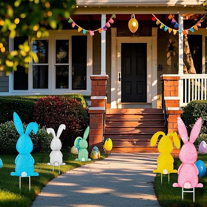 Treewoll5 Packs Easter Garden Stakes Decorations, Metal Bunny Yard Signs, Adorable Rabbit Stakes in Five Colors for Courtyard Patio Spring Lawn Holiday Outdoor Display Props