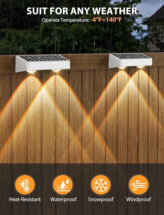 Solar Fence Lights, 7 RGB Colors, Warm White, Cool White Bright Lens LED, Dusk to Dawn Deck Light, Fence Solar Lights Outdoor Waterproof for Backyard/Railing/Wall/Step/Patio/Pool (4 Pack White Shell)