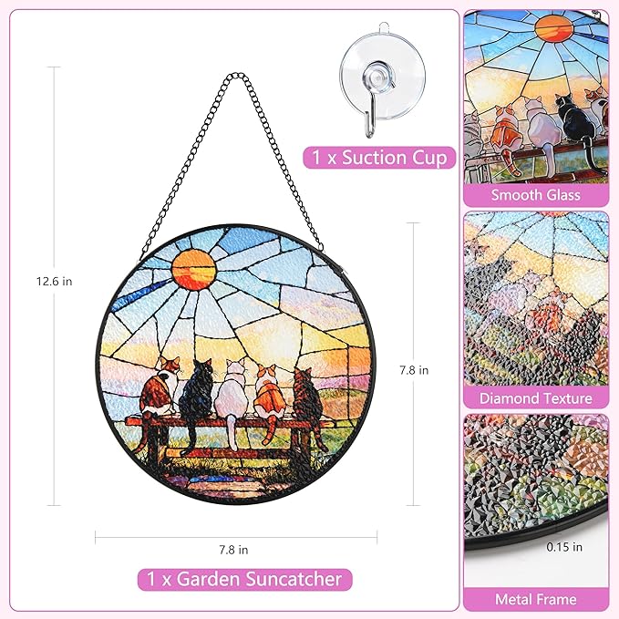 Stained Glass Window Hanging, Cat and Sunset Circular Painted Glass Suncatcher with Chain & Suction Cup for Home Garden Door Decor, Birthday for Women Men Mom 7.8 in