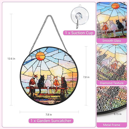 Stained Glass Window Hanging, Cat and Sunset Circular Painted Glass Suncatcher with Chain & Suction Cup for Home Garden Door Decor, Birthday for Women Men Mom 7.8 in