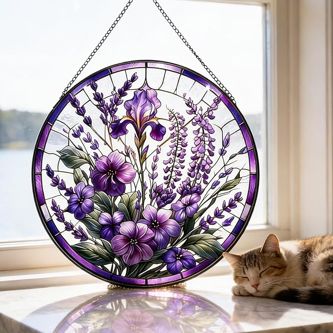 Lavender Flower Suncatchers Stained Glass Window Hanging, Flower Sun Catchers Indoor Window Glass Round Wall Decor, Christmas, Mother's Day, Birthday Gifts for Mom Grandma Women Wife Lovers