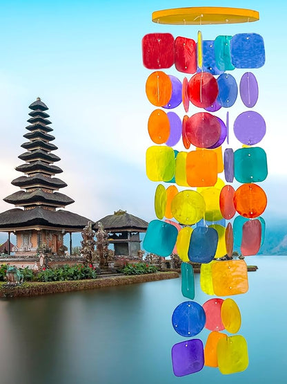 Bellaa Handmade Wind Chimes Outdoor, Musical, Garden Decorations, Beach, Ocean, Breeze, Gifts for Mom, Outside Windchimes, 63pcs, Capiz, Shells, Sea, Glass, Wood 1 Rainbow
