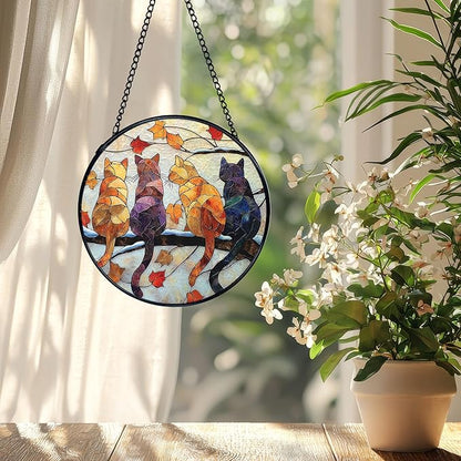 Cat Gifts Winter Suncatcher Stained Glass Window Hanging, Rustic Autumn Black Cat Sun Catchers Indoor Window Glass Wall Art Decor, Fall Wall Hanging Decor Decorations, 7.9x7.9 Inch