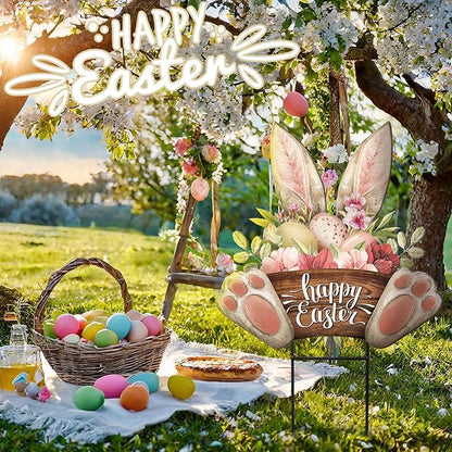 Amyhill Happy Easter Outdoor Decorations Bunny Metal Garden Stakes 25 Inch Welcome Yard Signs Easter Rabbit Egg Decor Outdoor Decorative Garden Stakes Spring Decorations Patio Lawn Walkway