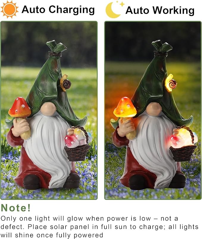 Gnome Solar Garden Statue with 3 LED Lights, Mushroom-Picking Gnome Statue Outdoor Decor for Patio, Yard, Balcony, Lawn Ornament, Gift for Mom, Grandma Mother's Day Christmas Day Decorations