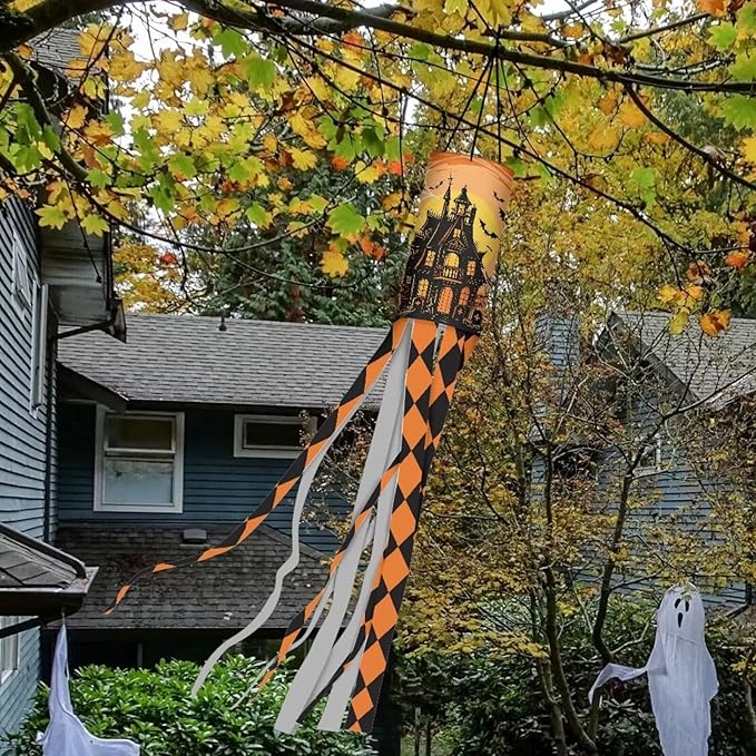 Jeiento Halloween Night Castle Windsock for Outside 40 Inch Windsock Flag with Hook Recycle 2 PackGarden Wind Socks for Holiday Party Home Yard Outdoor Decor Party Supplies
