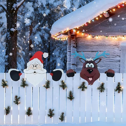HUYIENO 2pcs Christmas Metal Fence Peeker Decoration Santa & Reindeer Fence Yard Sign Cute Outdoor Christmas Decor for Yards, Patios, Lawn, Pathway, Parking Holiday Decor Art Ornament