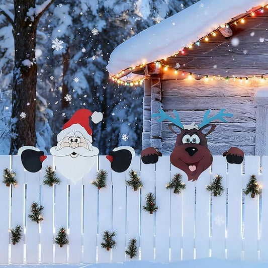 HUYIENO 2pcs Christmas Metal Fence Peeker Decoration Santa & Reindeer Fence Yard Sign Cute Outdoor Christmas Decor for Yards, Patios, Lawn, Pathway, Parking Holiday Decor Art Ornament