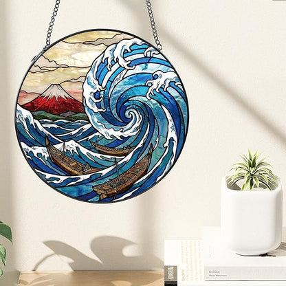 Stained Glass Window Hanging, 8" Round Mount & Great Wave Suncatcher with Metal Chain, Japanese Art Glass Decor for Home Garden, Gift for Mom, Friends, and Family