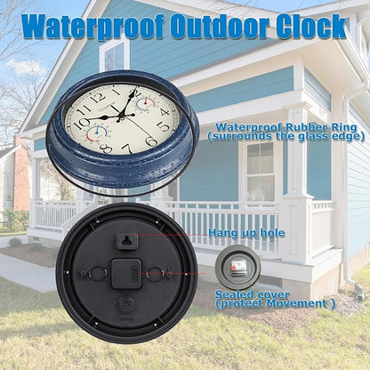 Crosstime 12 Inch Outdoor Clock with Thermometer & Hygrometer, Vintage Blue Wall Clock Waterproof, Easy to Read Decor for Patio,Garden, Pool, Backyard, Farmhouse, Bathroom