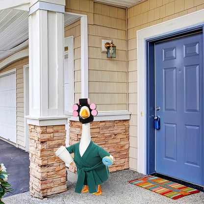 Shyyween Spring Porch Goose Outfit 23 Inch Green Lady Goose Statue Clothes Summer Bathrobe Coffee Cup Curlers for Cement Plastic Lawn Geese Outdoor Garden Yard Patio Decoration
