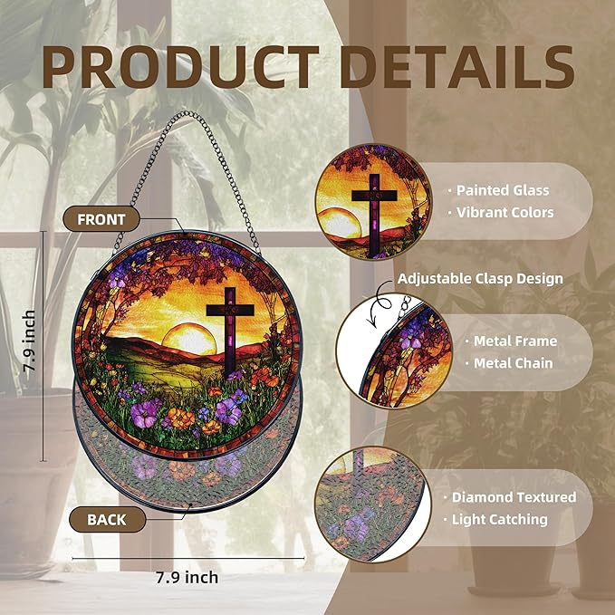 Cross Stained Glass Window Hanging, Christian Cross Wildflower Sunshine Landscape Suncatcher, Easter Sun Catchers Indoor Window Round Glass Wall Art Hanging Decorations, 7.9x7.9in