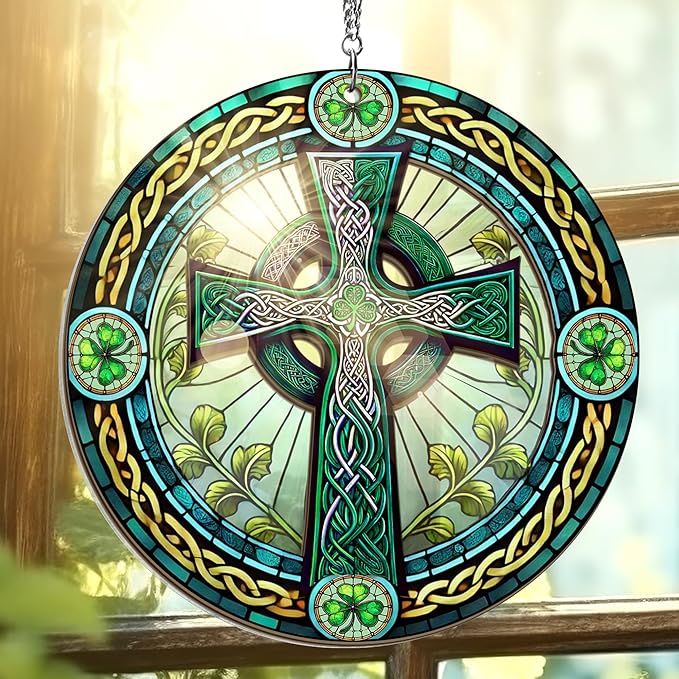 FLAGWIX St Patricks Day Decorations - Double Layered Hanging Suncatcher 6 in for Home Garden Decor - St Patricks Day Decorations, Celtic Cross Home Décor, Irish Gifts for Men Women Friends Family